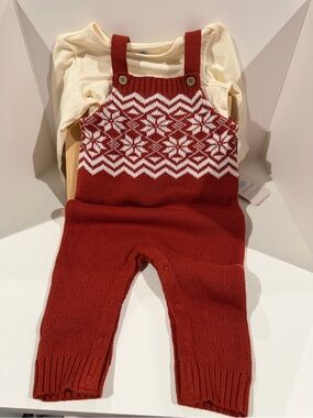 Cloud Island Red and Cream Fair Isle Knit Overalls with Cream Bodysuit